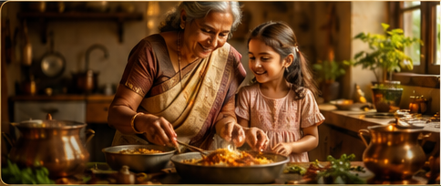 Grandmother and granddaughter cooking together in a warm Indian kitchen